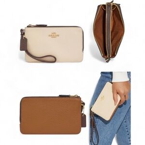 Coach Double Corner Zip Wristlet Colorblock ivory and light saddle browns wallet